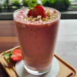 Close-up de um smoothie de morango e aveia em um copo, com frescas morangos ao lado.