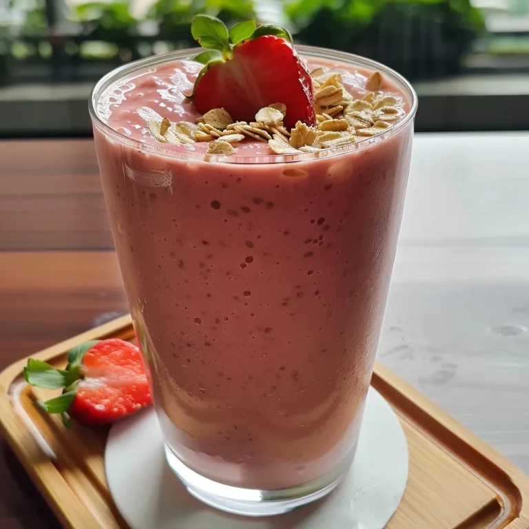 Close-up de um smoothie de morango e aveia em um copo, com frescas morangos ao lado.