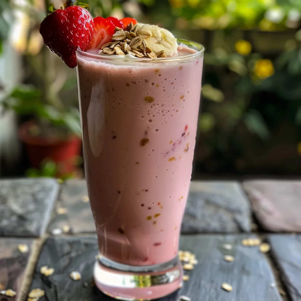 Smoothie de morango e aveia em uma mesa, com uma colher de aveia e morangos em destaque.