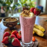 Close-up of a vibrant strawberry banana smoothie in a clear glass, garnished with fresh strawberries.