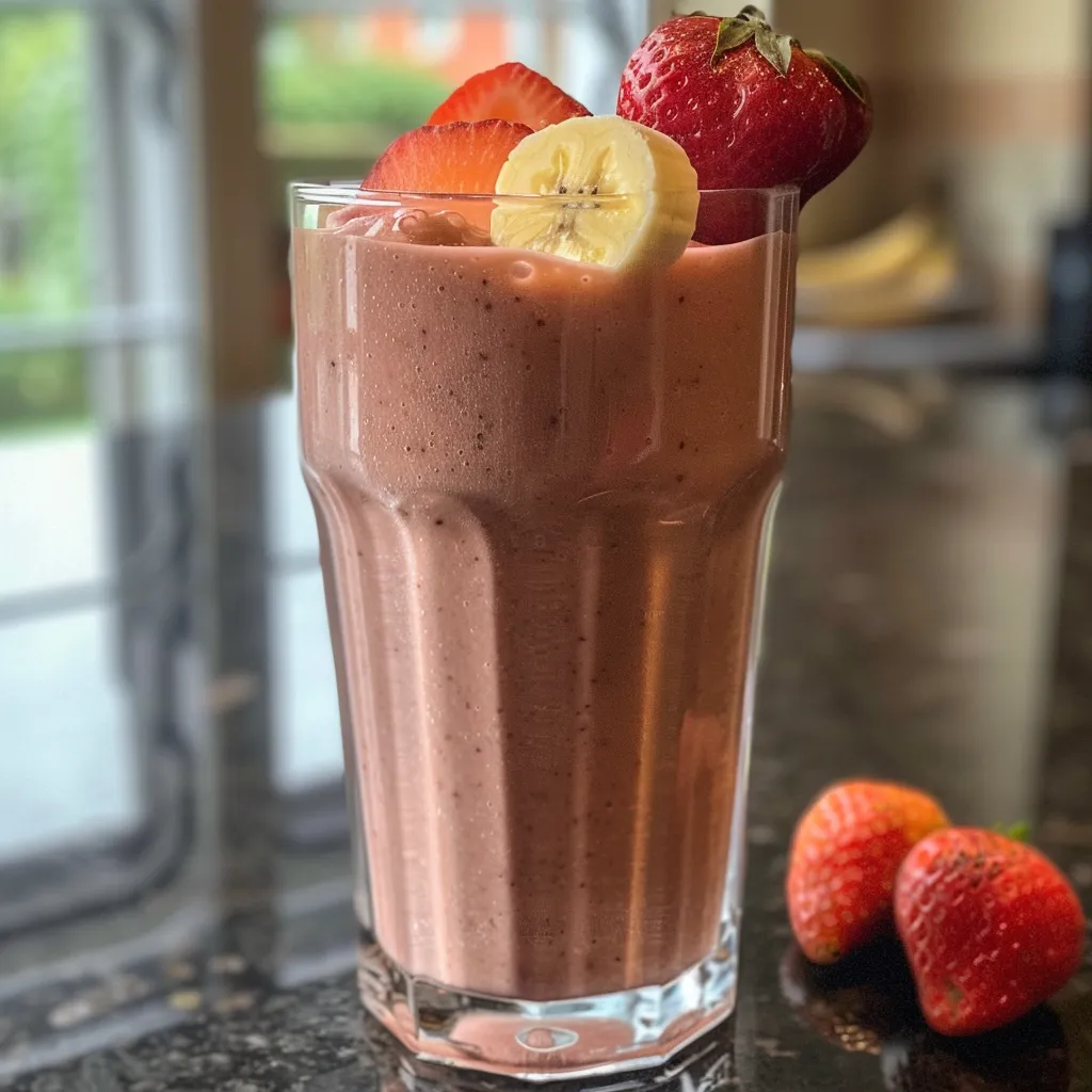 A refreshing strawberry banana smoothie, showcased from the side in a clear cup, with a smooth texture.
