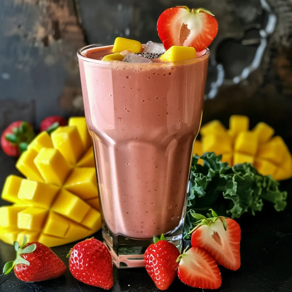 Close-up de um copo de smoothie de morango e manga decorado com folhas de hortelã.