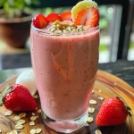 Um smoothie de morango tropical em close-up, com uma textura cremosa e pedaços de frutas visíveis.