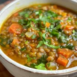 Close up of a bowl of green lentil and spinach soup with fresh herbs on top.
