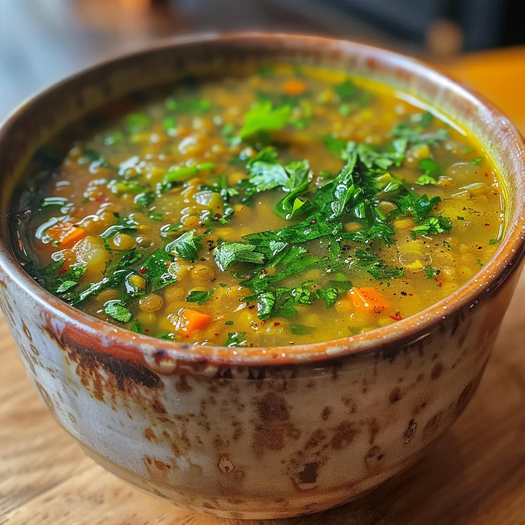 A vibrant detox soup featuring lentils and spinach, garnished with cilantro and pepper flakes.