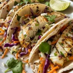 Tacos de peixe grelhado com coleslaw, vistos de lado.