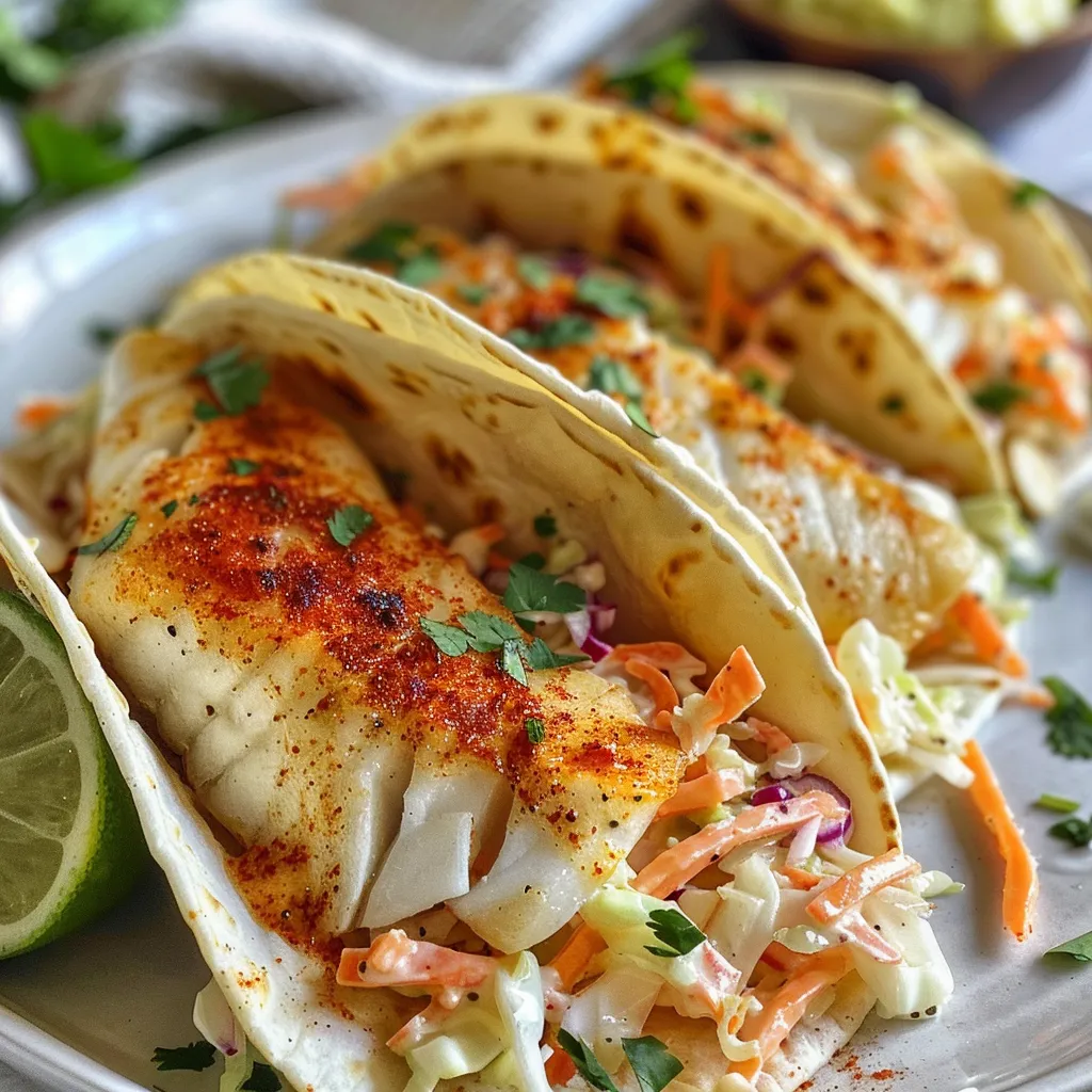 Close-up de tacos de peixe, recheados e com molho.