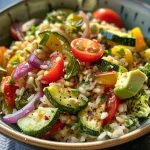 Tigela de arroz integral coberta com legumes assados coloridos.