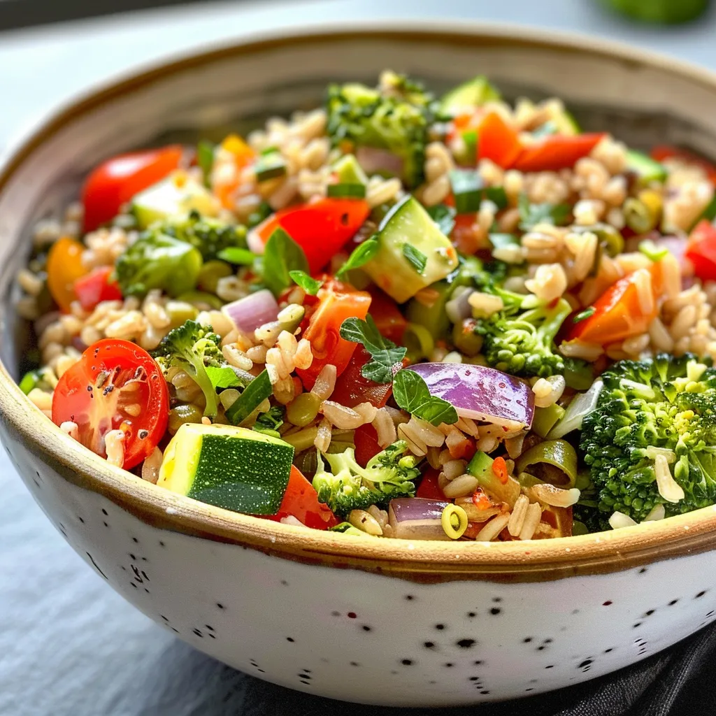 Close-up de uma tigela de arroz integral com vegetais grelhados e abacate.