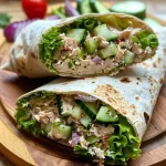 Close-up of a juicy tuna wrap filled with fresh ingredients.