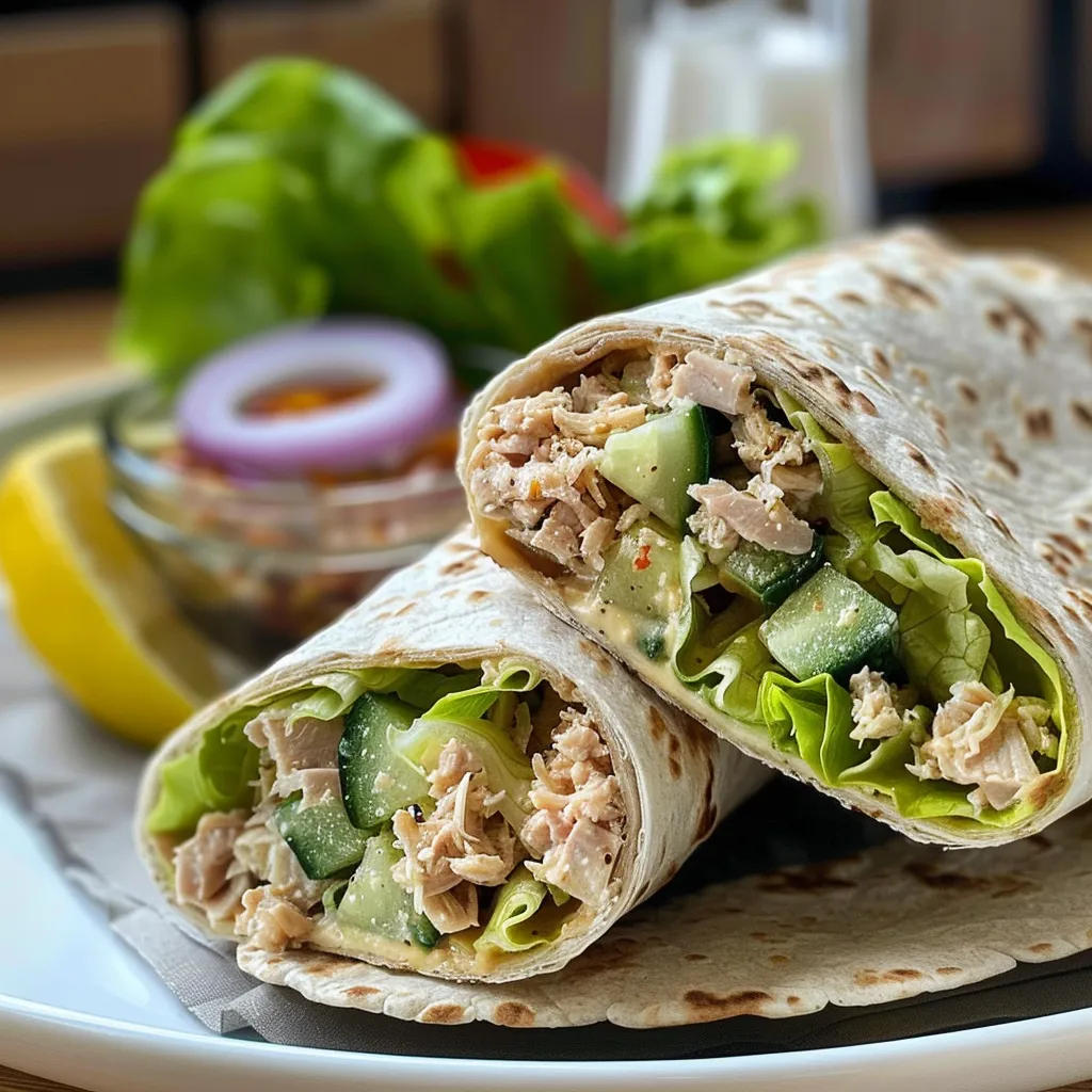 Side view of a colorful tuna wrap with visible lettuce and toppings.