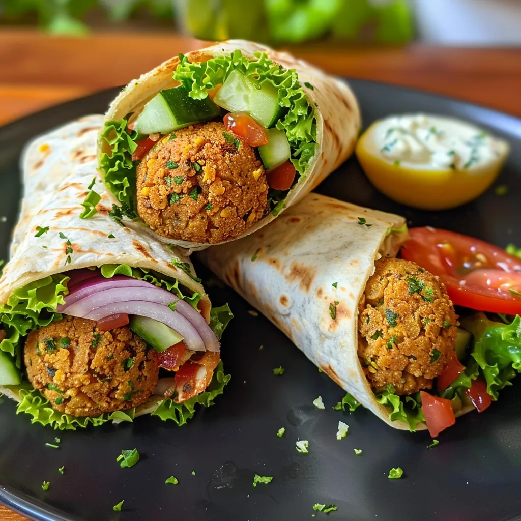Close-up de um wrap de falafel com ingredientes coloridos, como tomate e alface.
