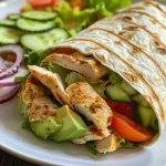 Wrap de frango com abacate em close, mostrando ingredientes frescos.