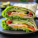 Wrap de peru e abacate com folhas de alface, tomate e queijo.