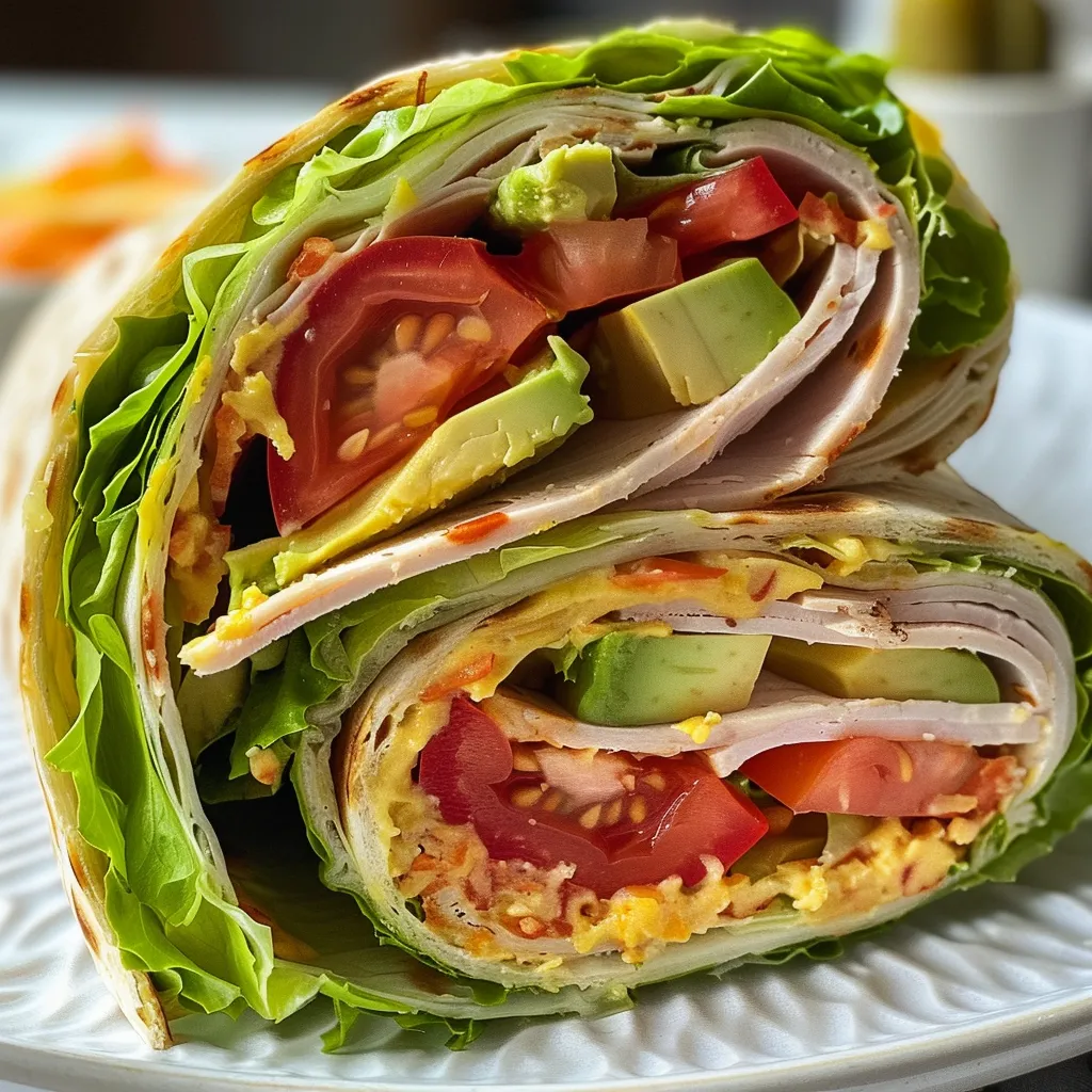 Close-up de um wrap saudável com ingredientes frescos e coloridos.
