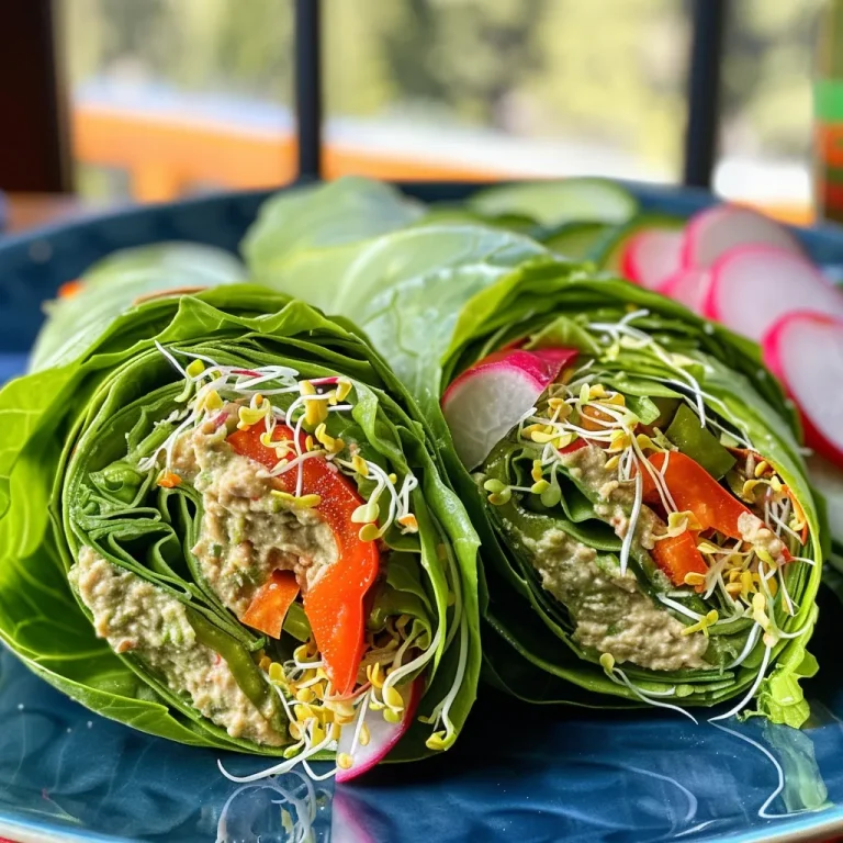 Wraps Coloridos de Alface: Um Toque Saud vel para Seu Dia Close-up of a fresh lettuce wrap filled with sprouted hummus and colorful vegetables.