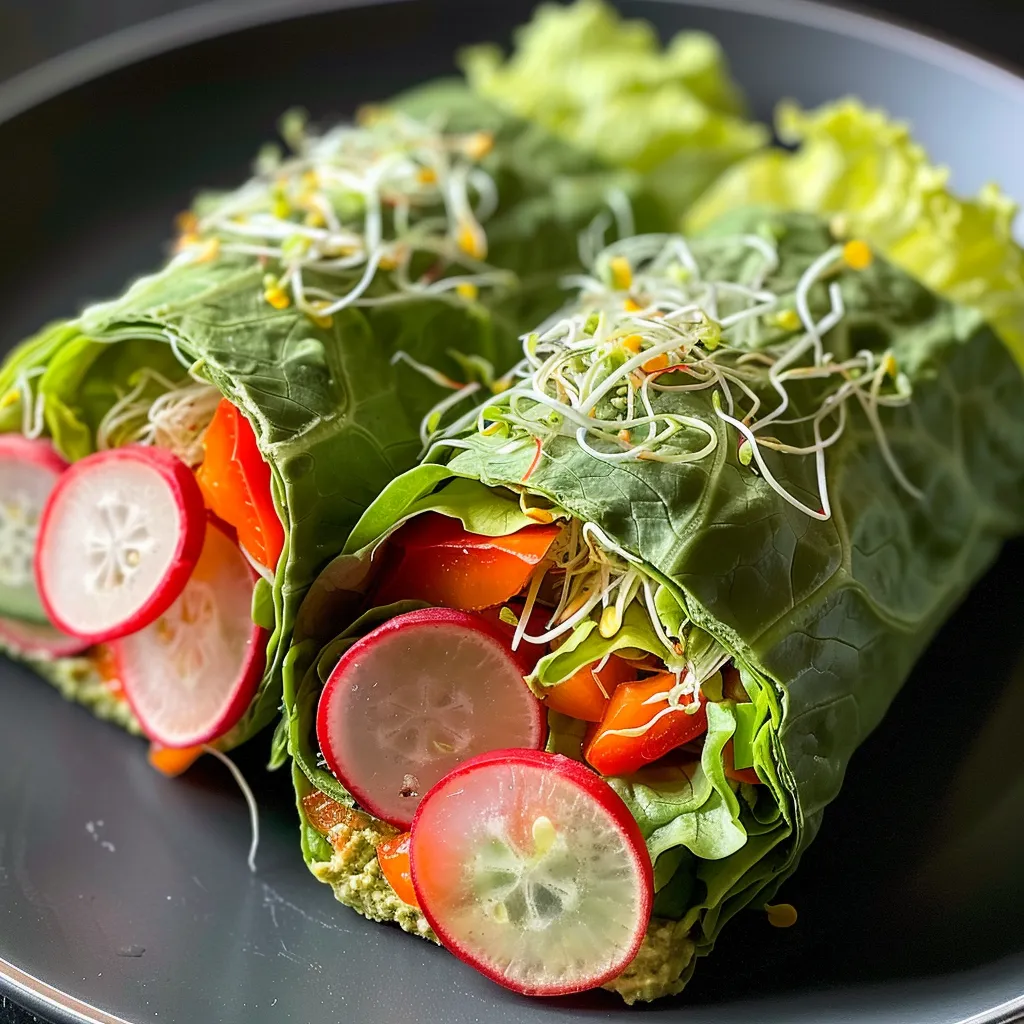 Side view of a vibrant lettuce wrap featuring sprouted hummus and sliced bell peppers.
