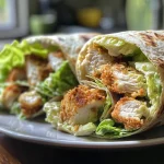 Wraps de Frango Caesar com frango crocante, alface e molho cremoso em uma tortilla.
