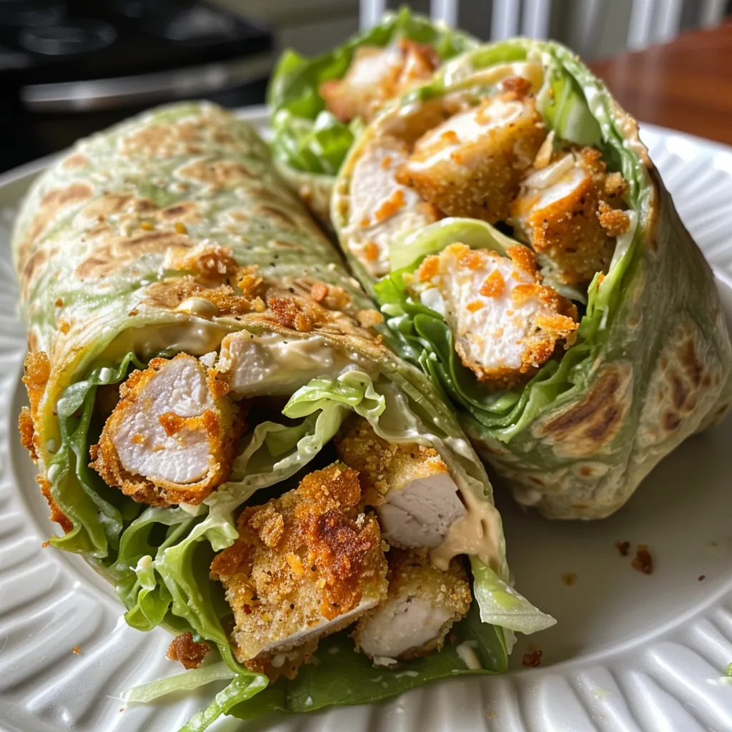 Close-up de wraps recheados com frango, alface e parmesão, apresentados em um prato.
