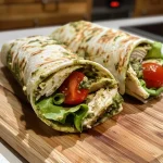 Close-up photo of a Pesto Chicken Wrap with fresh ingredients.