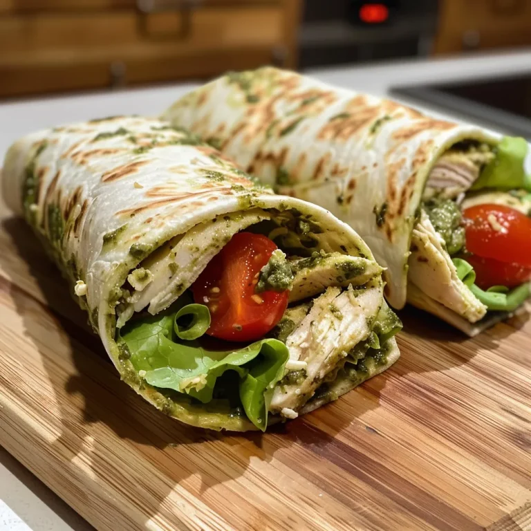 Close-up photo of a Pesto Chicken Wrap with fresh ingredients.