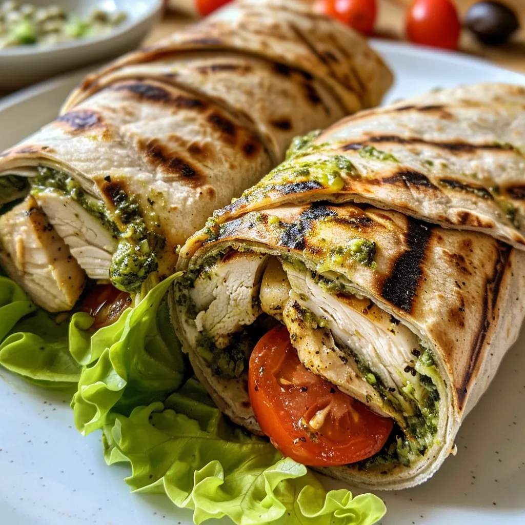 Side view of a chicken wrap filled with pesto, lettuce, and tomatoes.