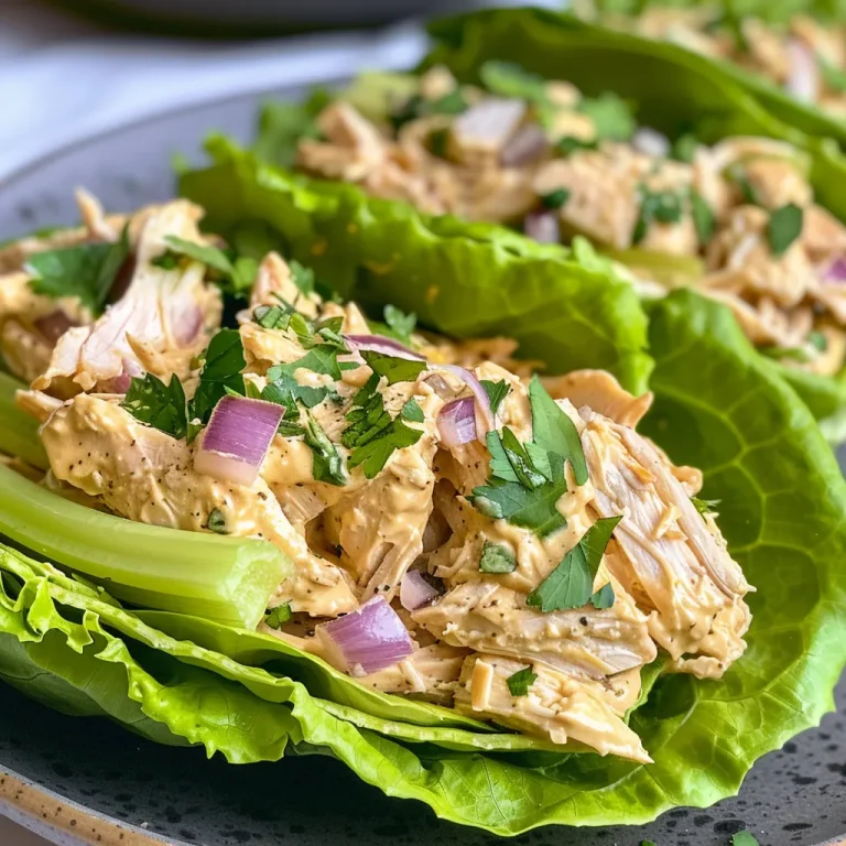 Close-up of vibrant chicken salad wrapped in large lettuce leaves.