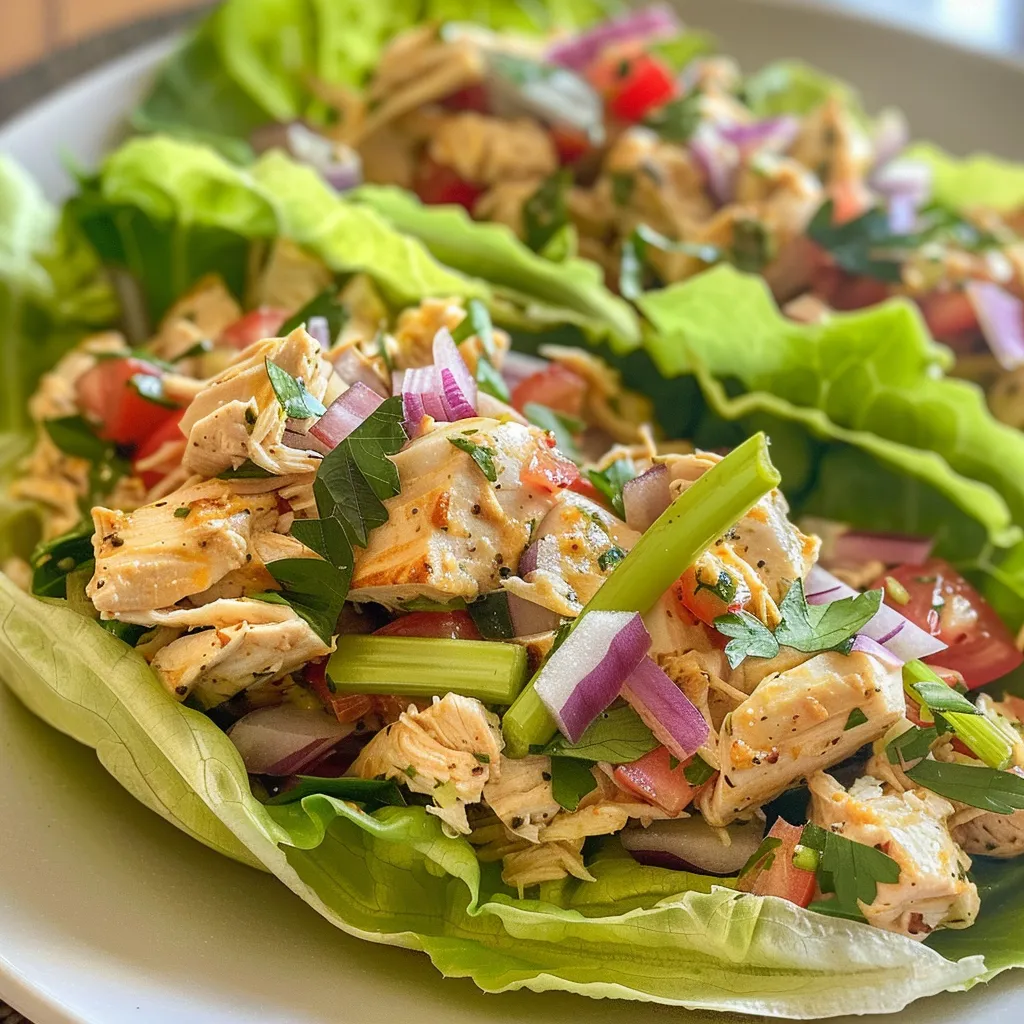 Juicy chicken salad lettuce wraps with colorful ingredients on display.
