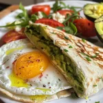 Close-up of a delicious egg wrap filled with avocado, arugula, and tomato.