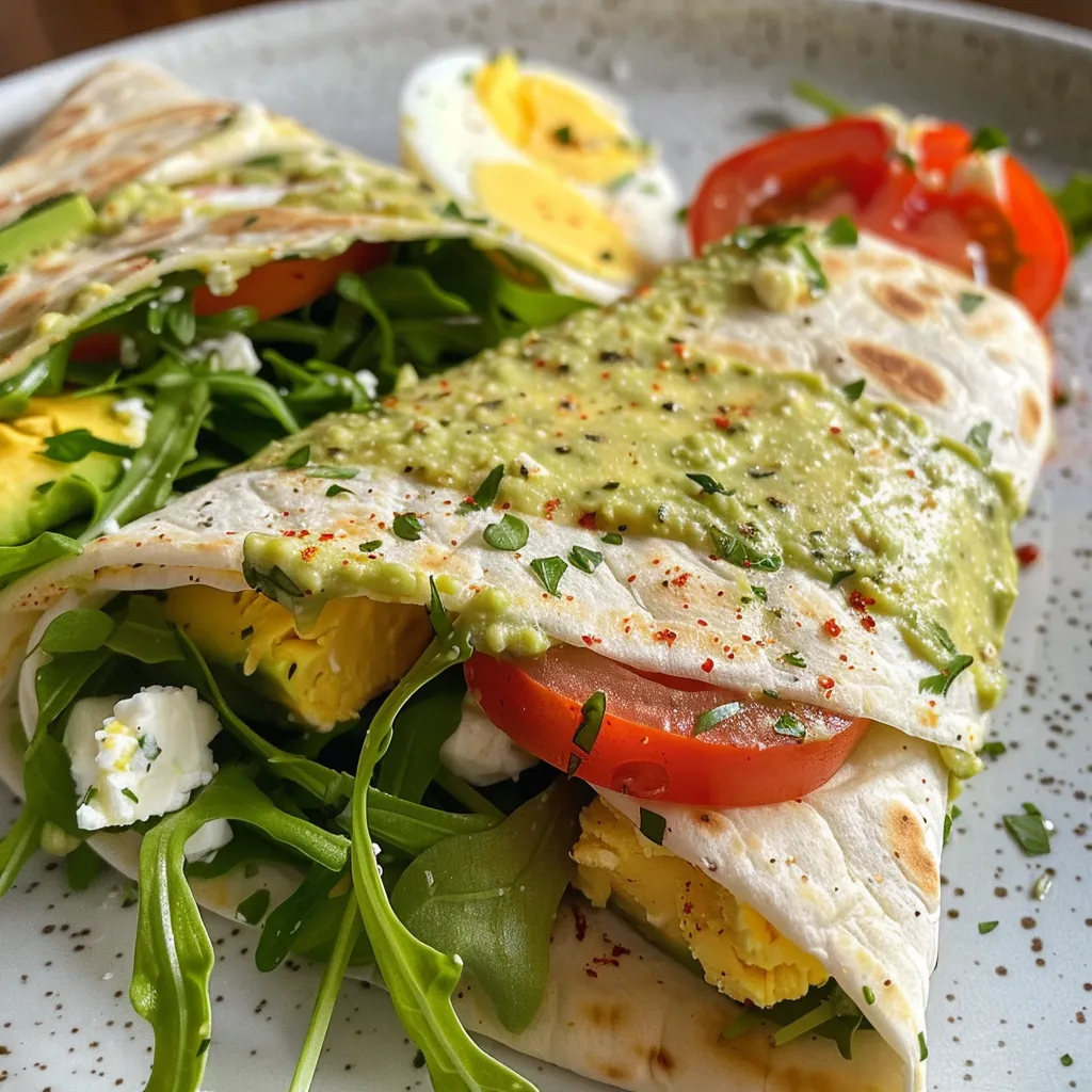 Side view of a juicy egg wrap showcasing vibrant ingredients like feta cheese and greens.