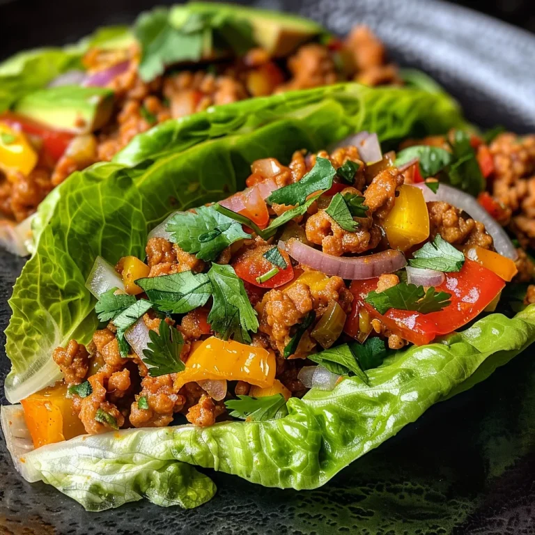 Close-up of colorful ground turkey lettuce wraps filled with fresh ingredients.