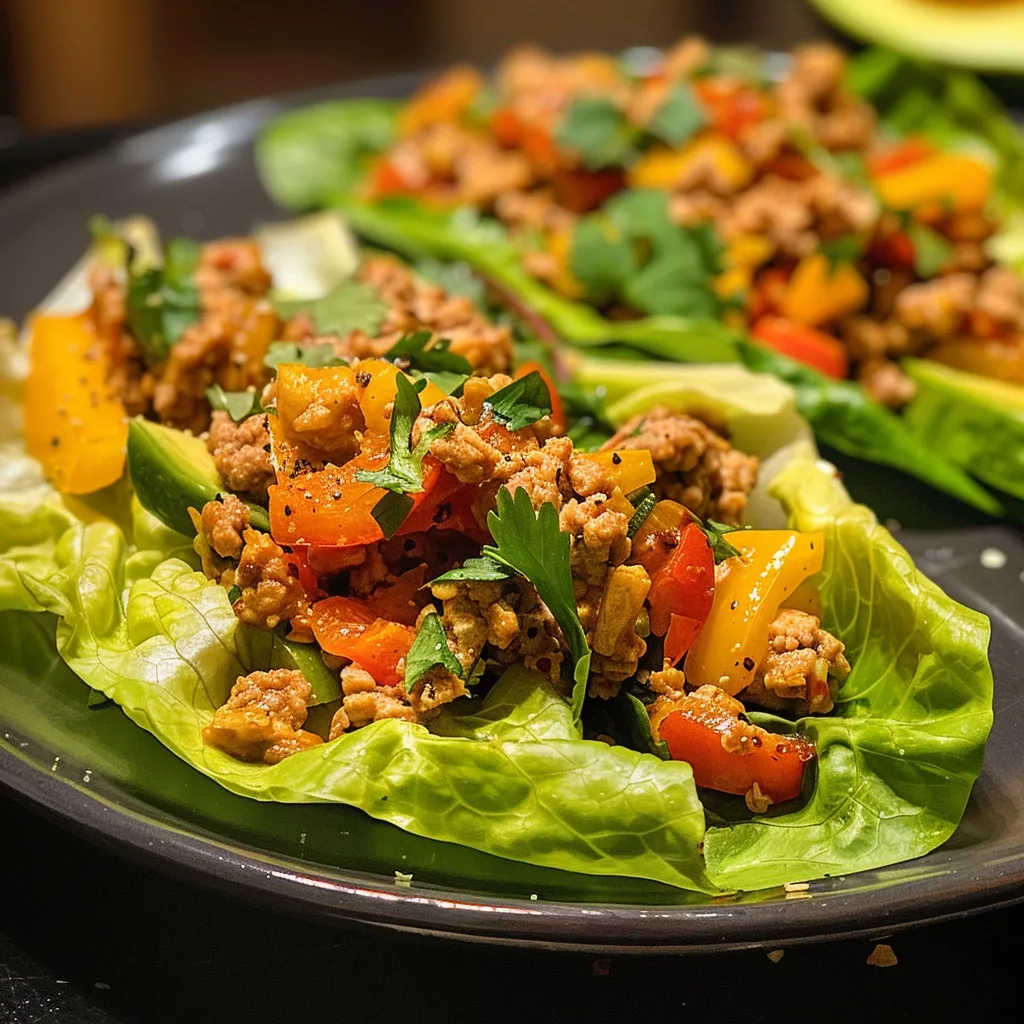 Side view of juicy lettuce wraps with ground turkey and vibrant vegetables.