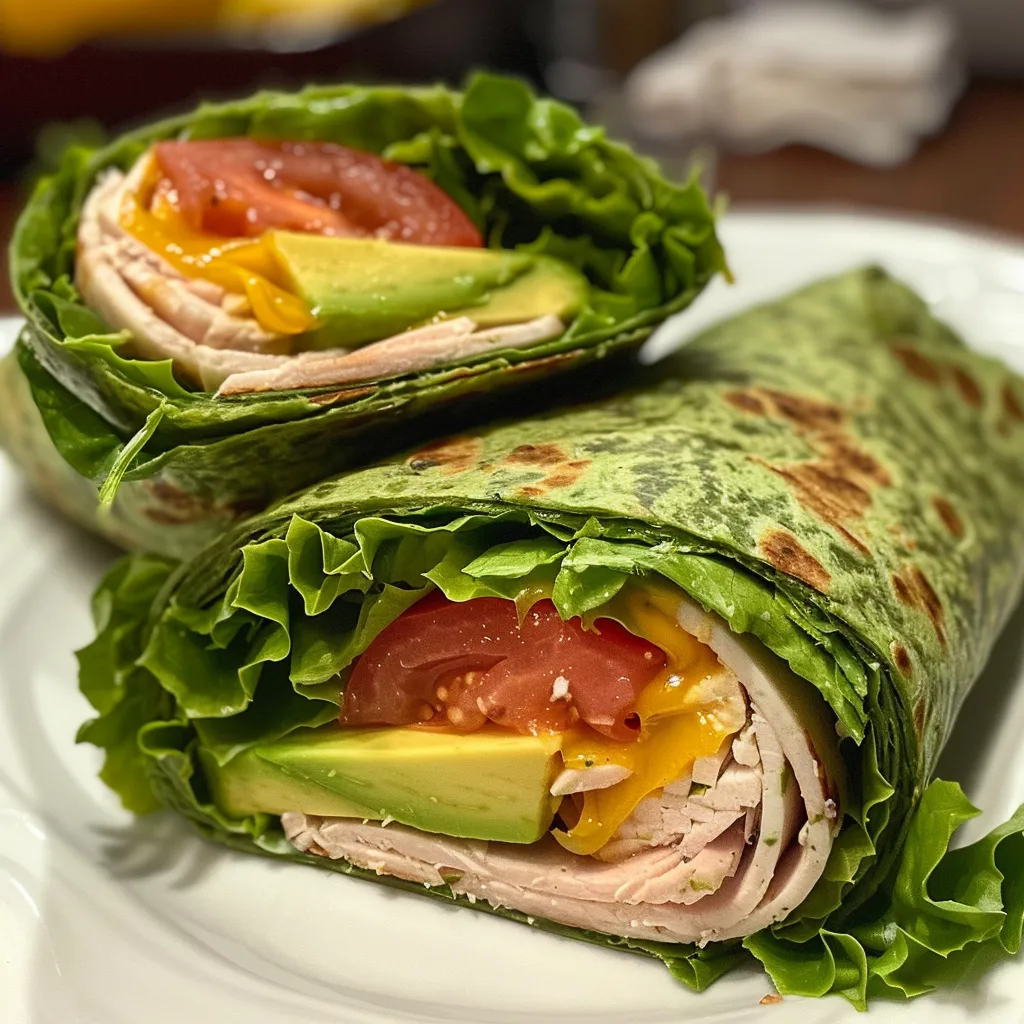 Close-up de um wrap com legumes e fatias de peru, apresentado de lado.