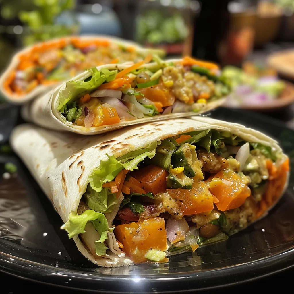 Prato colorido com wraps de peru e vegetais, servido em uma mesa.