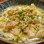 ['Prato de Ajoblanco com atum e azeite de manjericão em close.', 'Ajoblanco decorado com fatias de atum e manjericão fresco.', 'Close de Ajoblanco, atum e azeite, com ingredientes visíveis.', 'Detalhe do Ajoblanco com atum e toque de manjericão.']