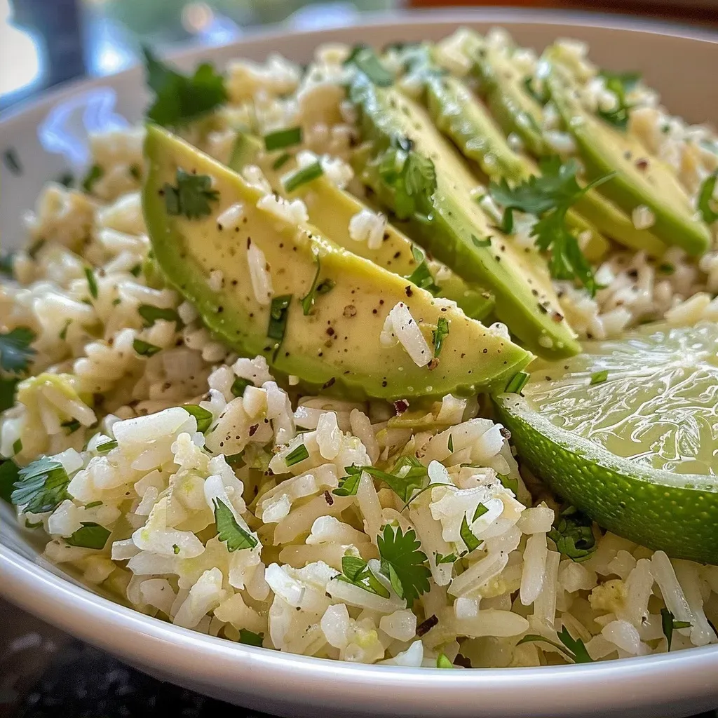 ['Close-up de uma porção de arroz com abacate em um prato.', 'Arroz branco com abacate e coentro, servido em uma tigela.', 'Imagem de arroz com abacate, limão e ervas frescas.', 'Detalhe de um prato de arroz com pedaços de abacate.']