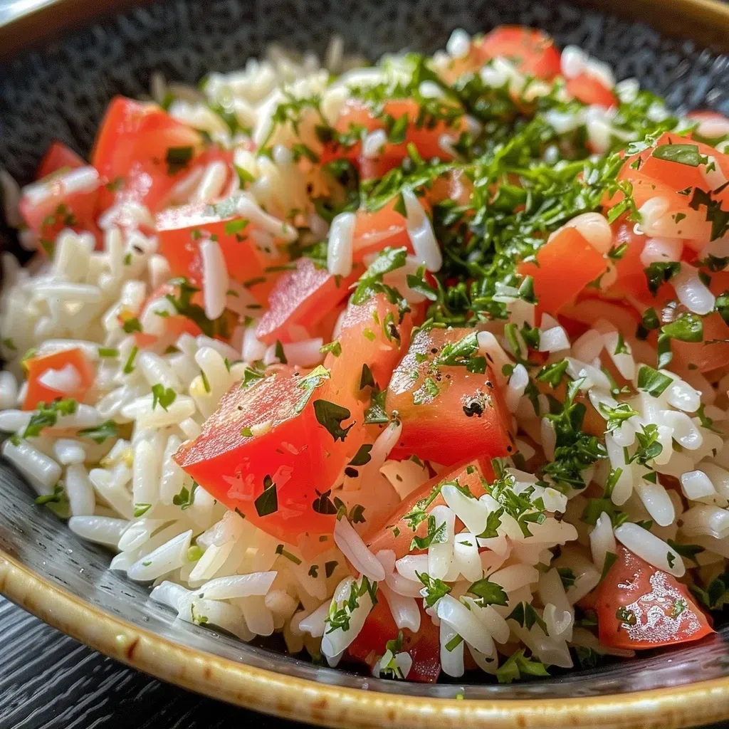 ['Arroz de tomate delicioso com pedaços de tomate e cheiro-verde.', 'Close-up de uma porção de arroz de tomate, com cebola e alho.', 'Prato de arroz de tomate, decorado com cheiro-verde fresco.', 'Arroz de tomate servido em prato branco, mostrando ingredientes frescos.']