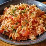 ['Close-up de um prato de arroz de tomate simples.', 'Porção suculenta de arroz de tomate com pimentão.', 'Arroz de tomate fresco em uma tigela branca.', 'Arroz bem cozido com tomates e especiarias.']