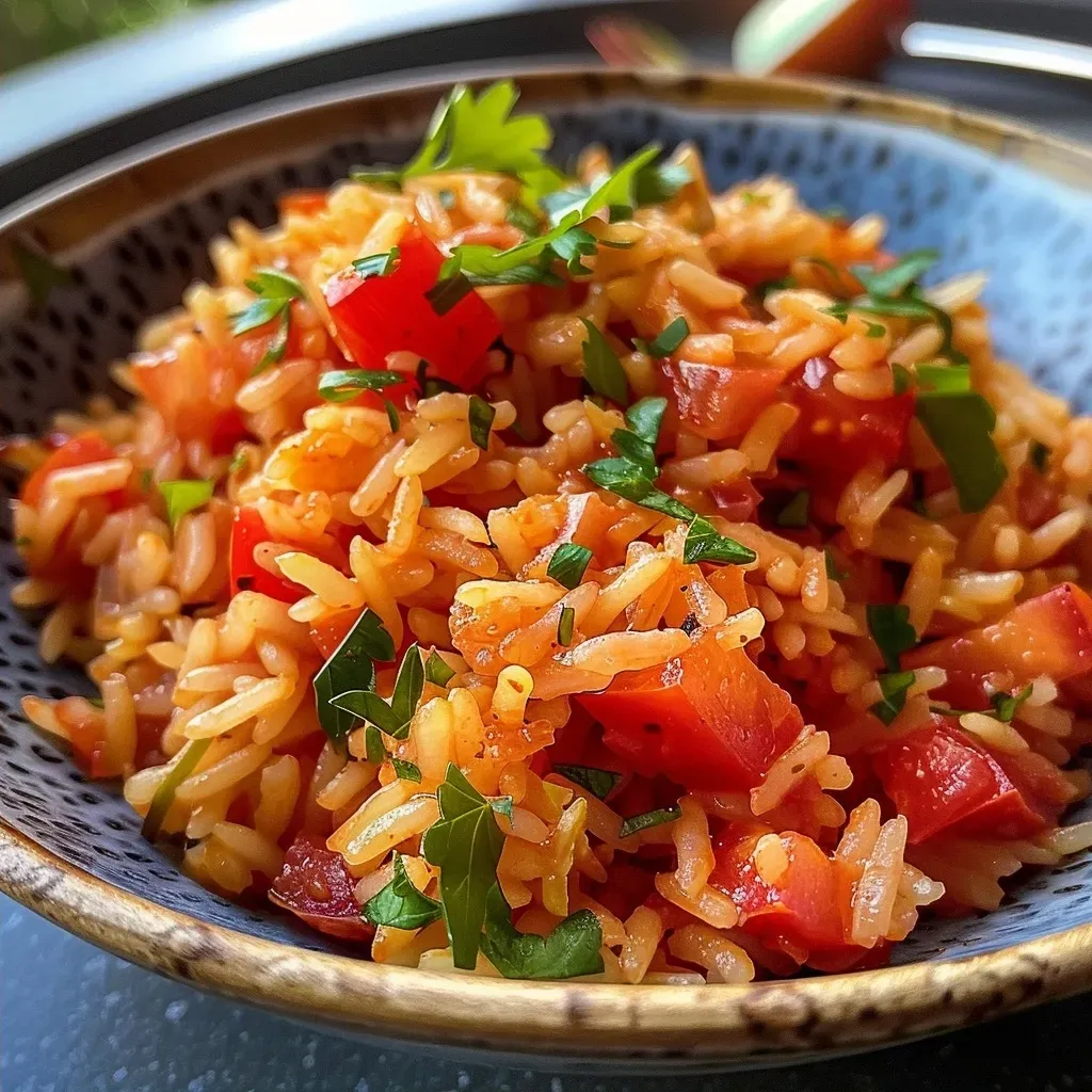 ['Close-up de um prato de arroz de tomate simples.', 'Porção suculenta de arroz de tomate com pimentão.', 'Arroz de tomate fresco em uma tigela branca.', 'Arroz bem cozido com tomates e especiarias.']