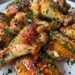 ['Asas de frango crocantes com molho de alho e parmesão.', 'Close-up de asas de frango douradas com parmesão e alho.', 'Porção de asas de frango ao alho, cobertas com queijo parmesão.', 'Asas suculentas de frango com manteiga de alho e queijo parmesão.']