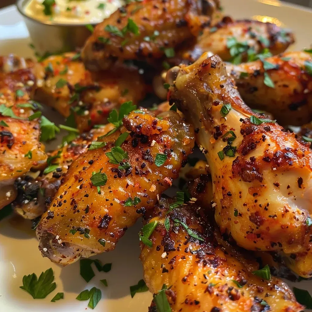 ['Asas de frango crocantes com molho de alho e parmesão.', 'Close-up de asas de frango douradas com parmesão e alho.', 'Porção de asas de frango ao alho, cobertas com queijo parmesão.', 'Asas suculentas de frango com manteiga de alho e queijo parmesão.']
