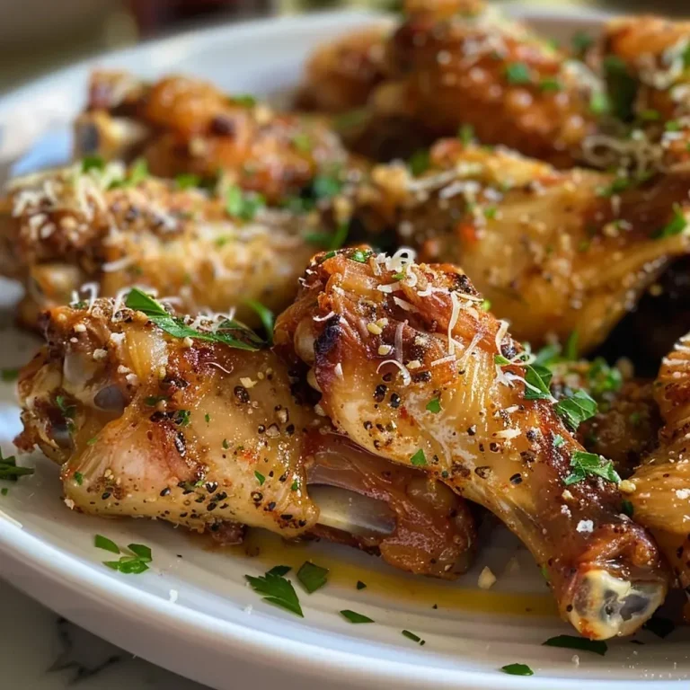 ['Asas de frango crocantes polvilhadas com queijo parmesão.', 'Vista lateral de asas de frango com tempero e parmesão.', 'Close-up de asas de frango parmesão, suculentas e douradas.', 'Deliciosas asas de frango com crosta de queijo parmesão.']