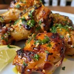 ['Asinhas de frango suculentas cobertas com molho de mel e alho.', 'Prato de asinhas de frango ao molho de mel e alho em close-up.', 'Asinhas de frango com aparência dourada e molhadinha, prontas para servir.', 'Porção de asinhas de frango ao mel, com alho e temperos.']