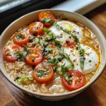 ['Close-up de aveia com tomate cereja e mozzarella.', 'Prato de aveia salgado com ingredientes frescos.', 'Aveia com tomate e queijo mozzarella servida em um bowl.', 'Imagem de aveia com tomate, mozzarella e manjericão.']