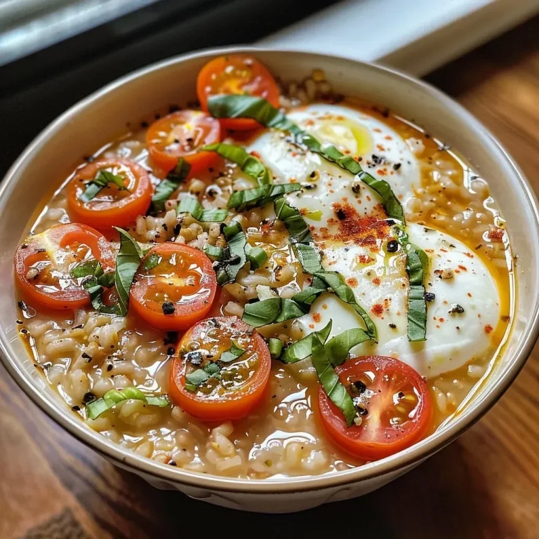 ['Close-up de aveia com tomate cereja e mozzarella.', 'Prato de aveia salgado com ingredientes frescos.', 'Aveia com tomate e queijo mozzarella servida em um bowl.', 'Imagem de aveia com tomate, mozzarella e manjericão.']