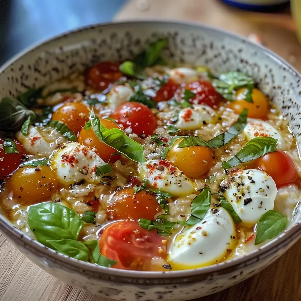 ['Close-up de aveia com tomate cereja e mozzarella.', 'Prato de aveia salgado com ingredientes frescos.', 'Aveia com tomate e queijo mozzarella servida em um bowl.', 'Imagem de aveia com tomate, mozzarella e manjericão.']