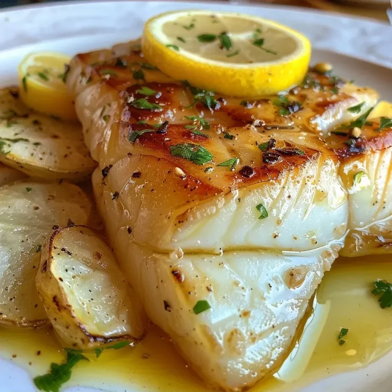 ['Bacalhau assado com limão e alho, dourado e suculento.', 'Prato de bacalhau assado envolto em fatias de limão e alho.', 'Close-up de bacalhau assado com limão e alho crocante.', 'Porção de bacalhau assado, com destaque para o limão e alho.']