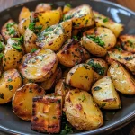 ['Batatas assadas crocantes com limão e manjericão, em close.', 'Imagem de batatas douradas, crocantes e cobertas com ervas frescas.', 'Batatas russet assadas com limão e manjericão em destaque.', 'Close de batatas temperadas e crocantes, com limão e ervas.']