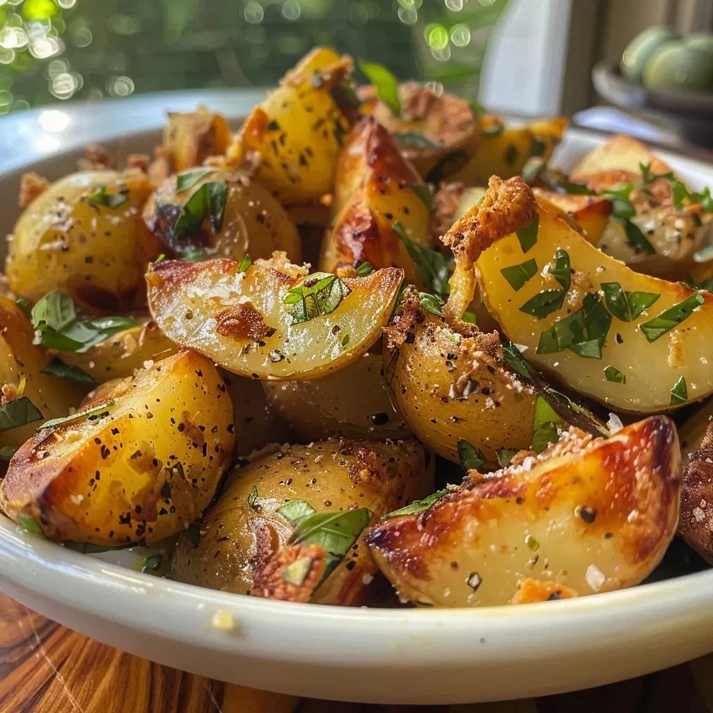 ['Batatas assadas crocantes com limão e manjericão, em close.', 'Imagem de batatas douradas, crocantes e cobertas com ervas frescas.', 'Batatas russet assadas com limão e manjericão em destaque.', 'Close de batatas temperadas e crocantes, com limão e ervas.']