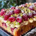 ['Bolo de pistache e framboesa visto de lado, com camadas visíveis.', 'Close-up de um bolo de pistache decorado com framboesas frescas.', 'Bolo de pistache com cobertura de cream cheese e pedaços de framboesa.', 'Visual lateral de um bolo de pistache e framboesa em fatias.']